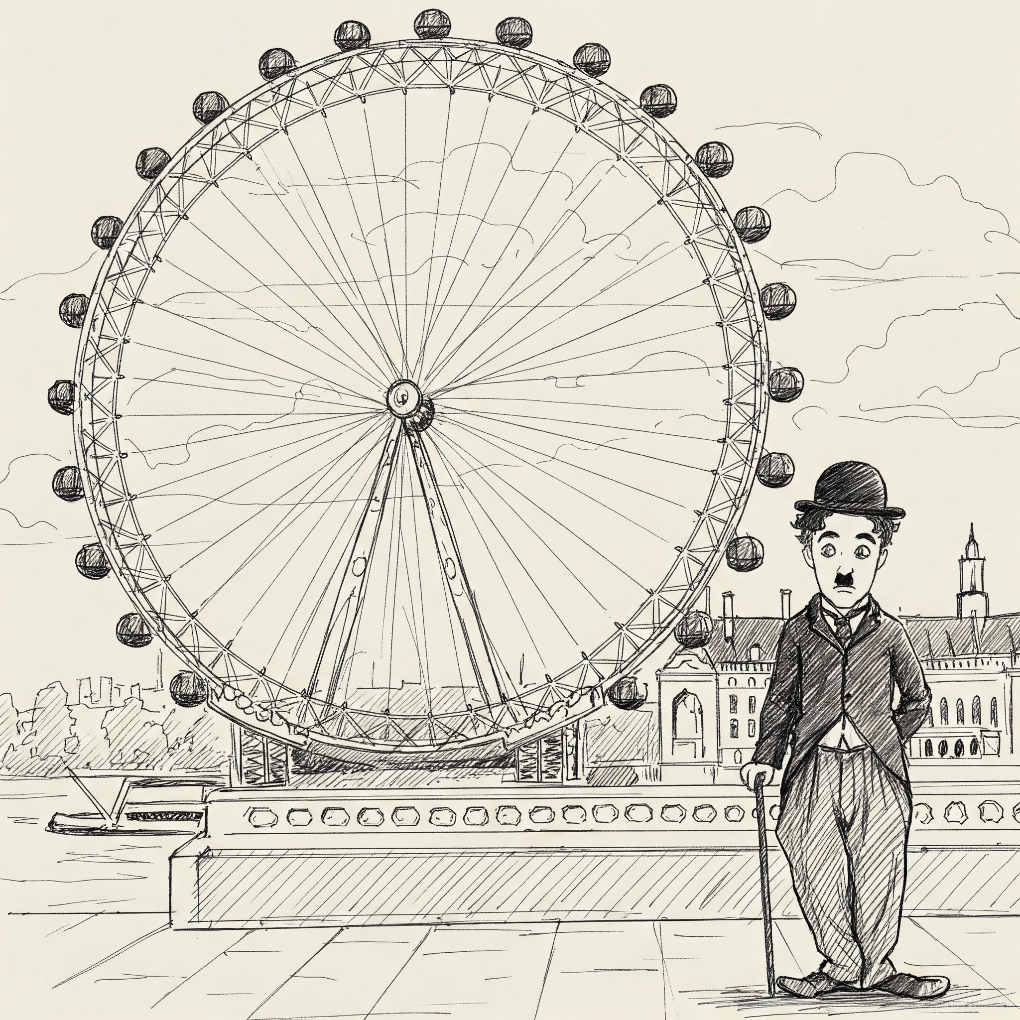 the london eye in sketch style with charlie chaplin infront