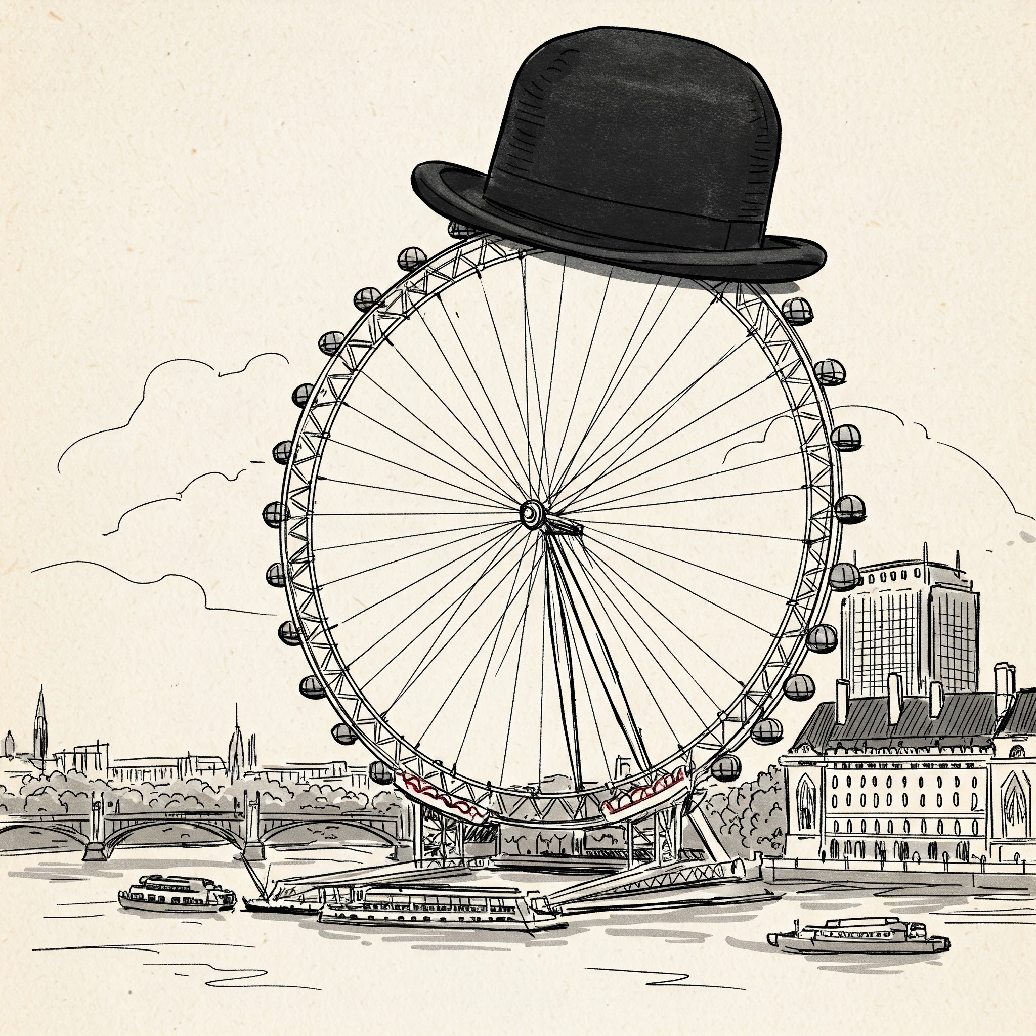 the london eye in sketch style with charlie chaplin his hat on it