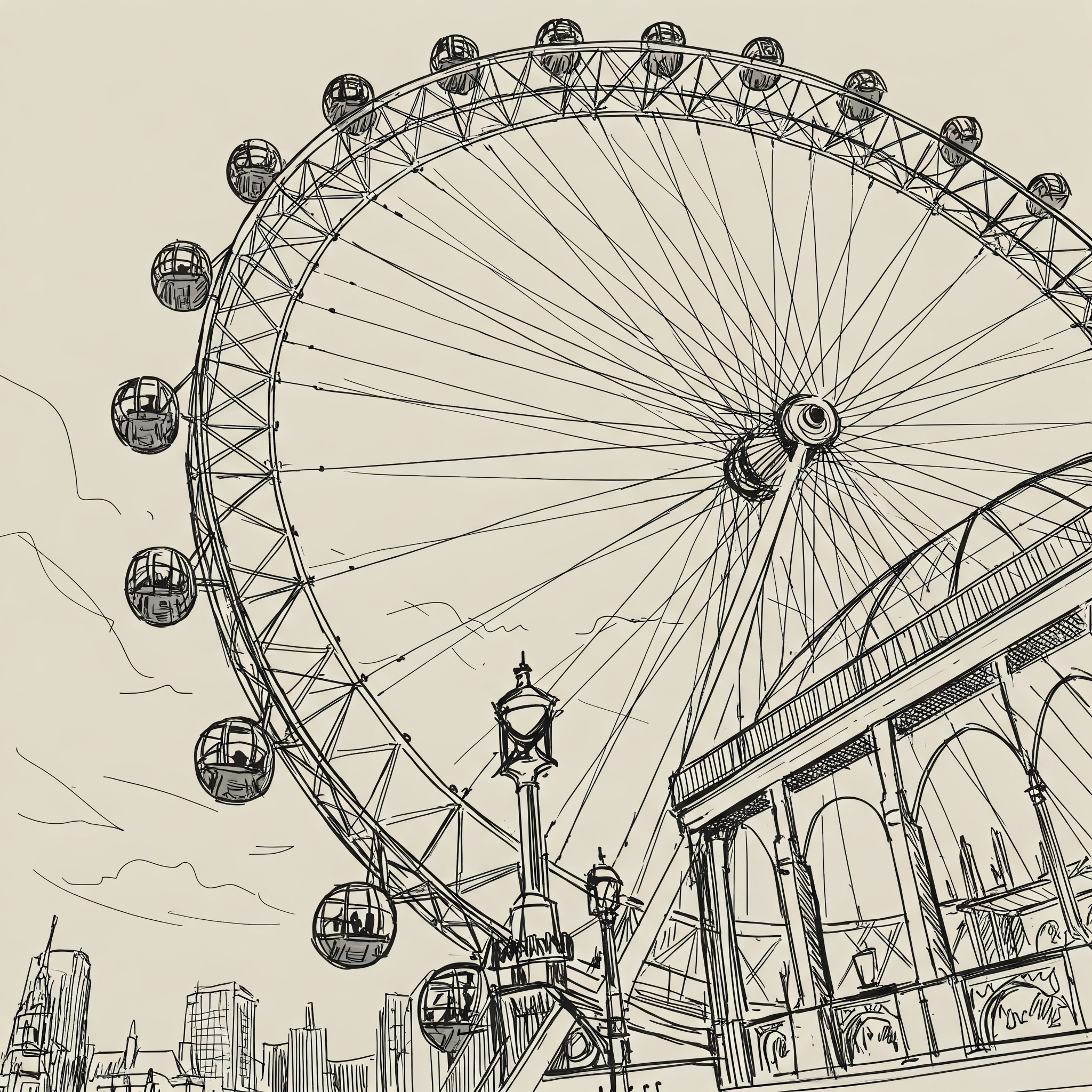 the london eye in sketch style in a low perspective